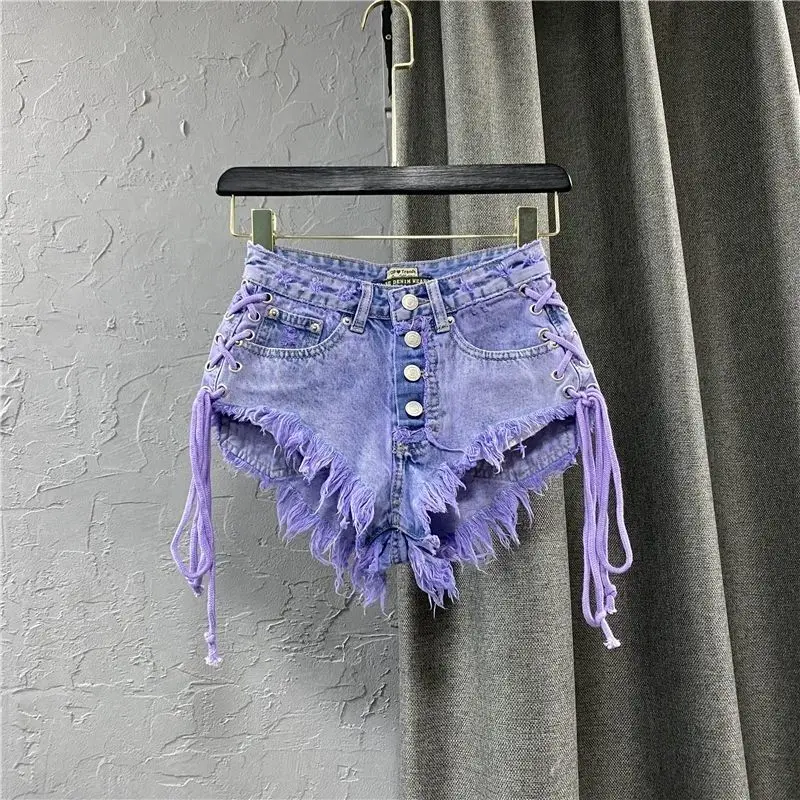 2026 Summer New Women's Purple Shorts Fashion Sexy Low Rise Single Breasted A-line Denim Shorts With Strap Hot Pants Female