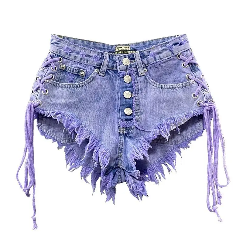 2026 Summer New Women's Purple Shorts Fashion Sexy Low Rise Single Breasted A-line Denim Shorts With Strap Hot Pants Female