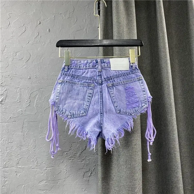 2026 Summer New Women's Purple Shorts Fashion Sexy Low Rise Single Breasted A-line Denim Shorts With Strap Hot Pants Female