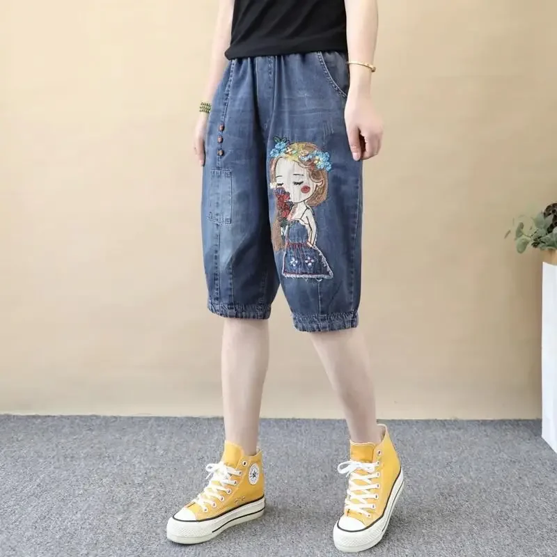 Vintage Jeans Shorts Women Summer Floral Embroidery Elastic High Waist Denim Shorts Design Wide Leg Trousers Blue Black Shorts