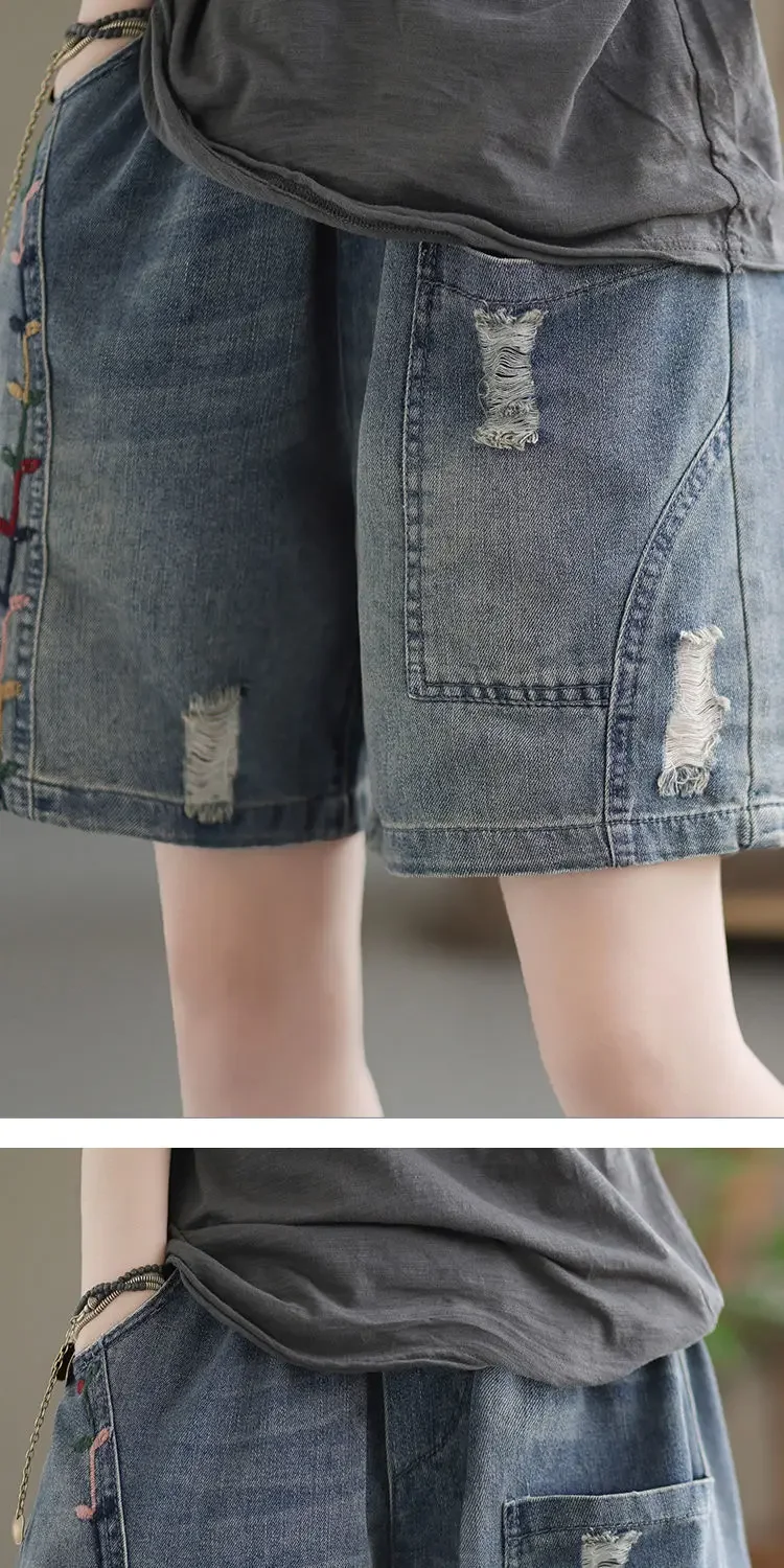 Vintage Jeans Shorts Women Summer Floral Embroidery Elastic High Waist Denim Shorts Design Wide Leg Trousers Blue Black Shorts