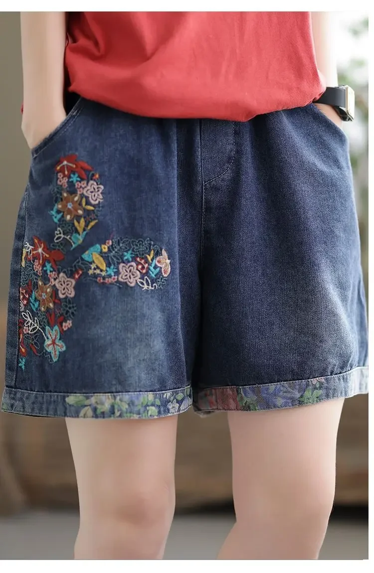 Vintage Jeans Shorts Women Summer Floral Embroidery Elastic High Waist Denim Shorts Design Wide Leg Trousers Blue Black Shorts