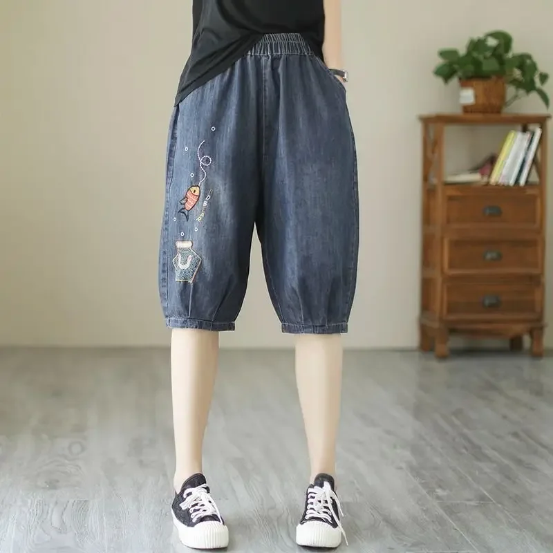 Vintage Jeans Shorts Women Summer Floral Embroidery Elastic High Waist Denim Shorts Design Wide Leg Trousers Blue Black Shorts