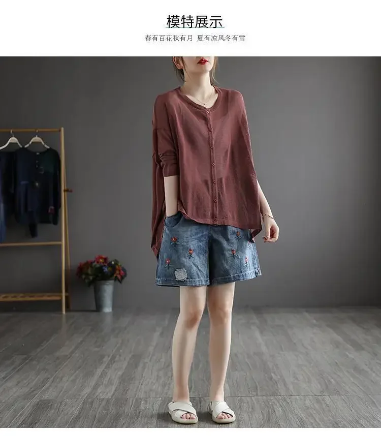 Vintage Jeans Shorts Women Summer Floral Embroidery Elastic High Waist Denim Shorts Design Wide Leg Trousers Blue Black Shorts