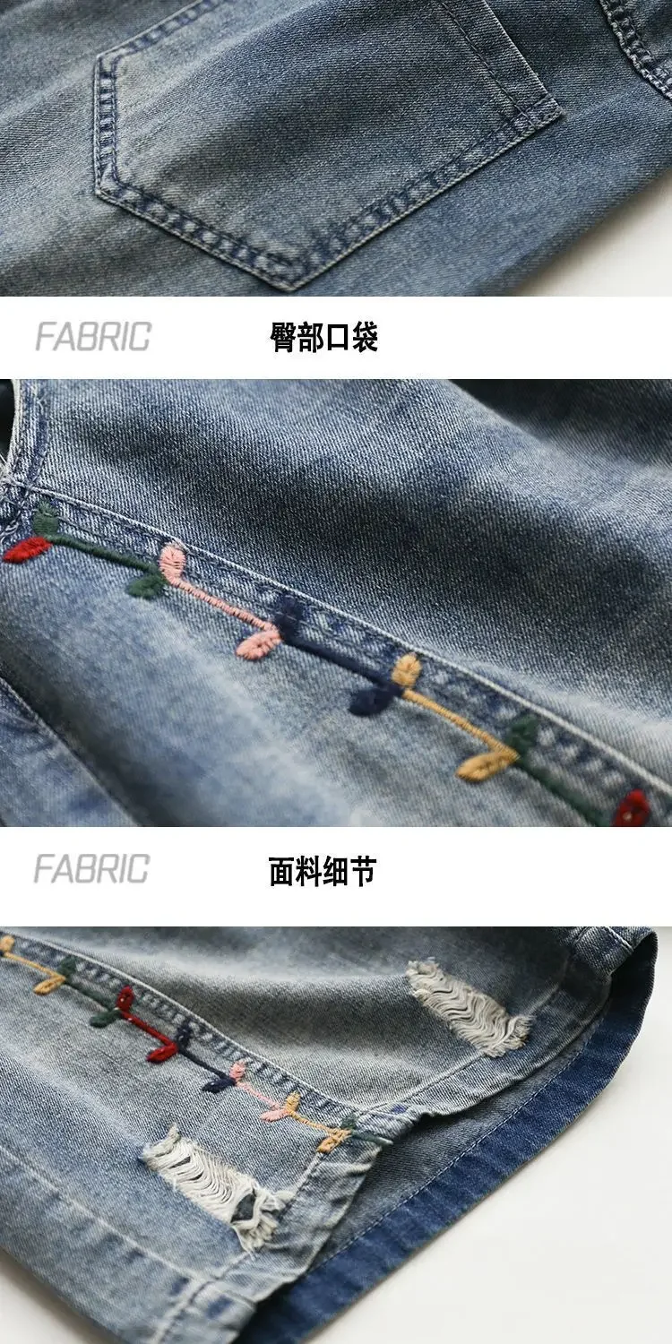 Vintage Jeans Shorts Women Summer Floral Embroidery Elastic High Waist Denim Shorts Design Wide Leg Trousers Blue Black Shorts