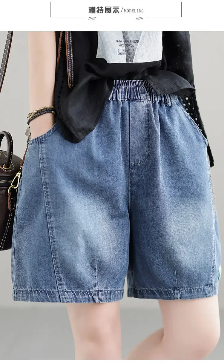 Vintage Jeans Shorts Women Summer Floral Embroidery Elastic High Waist Denim Shorts Design Wide Leg Trousers Blue Black Shorts