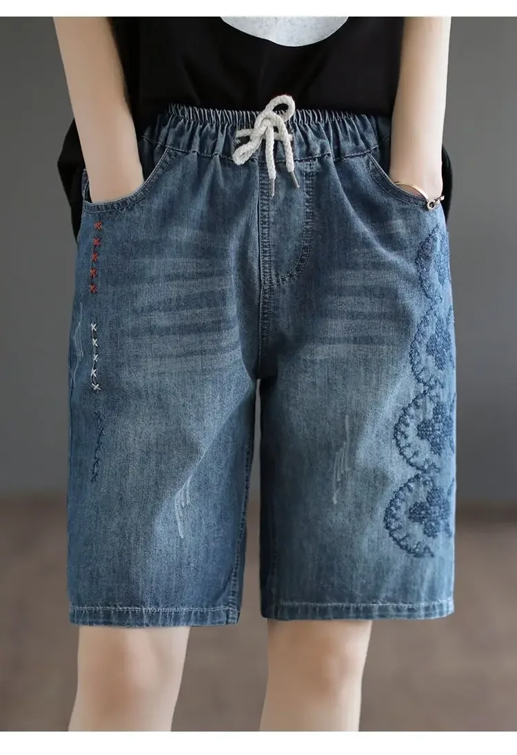 Vintage Jeans Shorts Women Summer Floral Embroidery Elastic High Waist Denim Shorts Design Wide Leg Trousers Blue Black Shorts