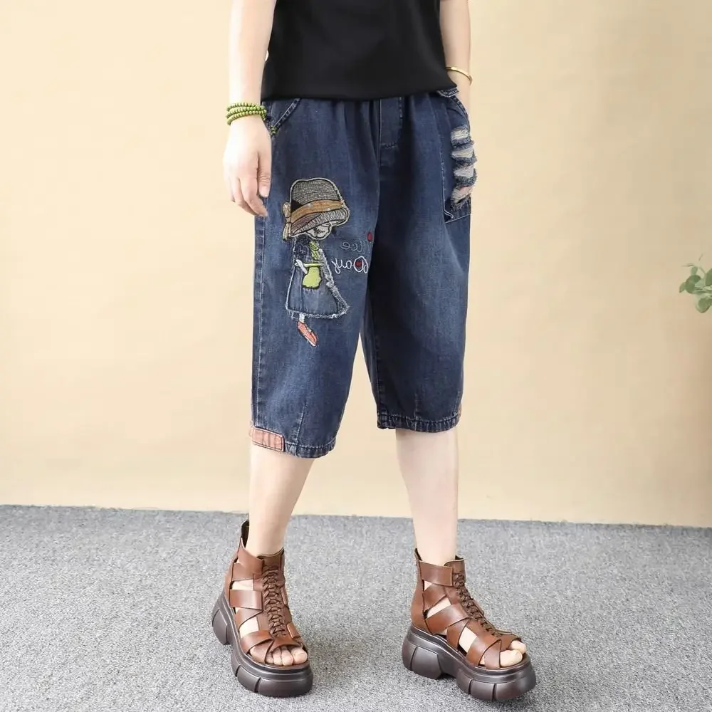 Vintage Jeans Shorts Women Summer Floral Embroidery Elastic High Waist Denim Shorts Design Wide Leg Trousers Blue Black Shorts