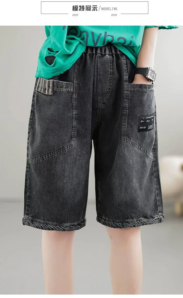 Vintage Jeans Shorts Women Summer Floral Embroidery Elastic High Waist Denim Shorts Design Wide Leg Trousers Blue Black Shorts