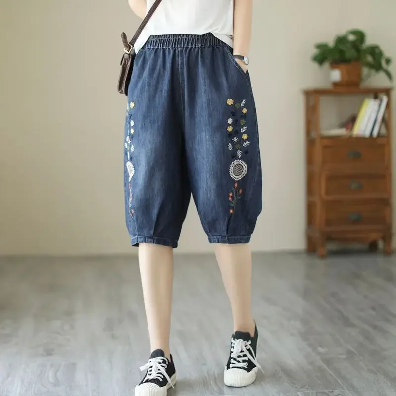 Vintage Jeans Shorts Women Summer Floral Embroidery Elastic High Waist Denim Shorts Design Wide Leg Trousers Blue Black Shorts