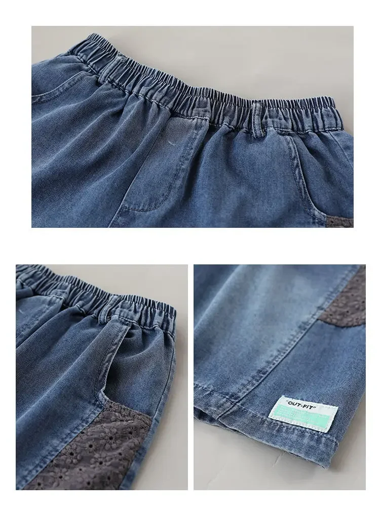 Vintage Jeans Shorts Women Summer Floral Embroidery Elastic High Waist Denim Shorts Design Wide Leg Trousers Blue Black Shorts