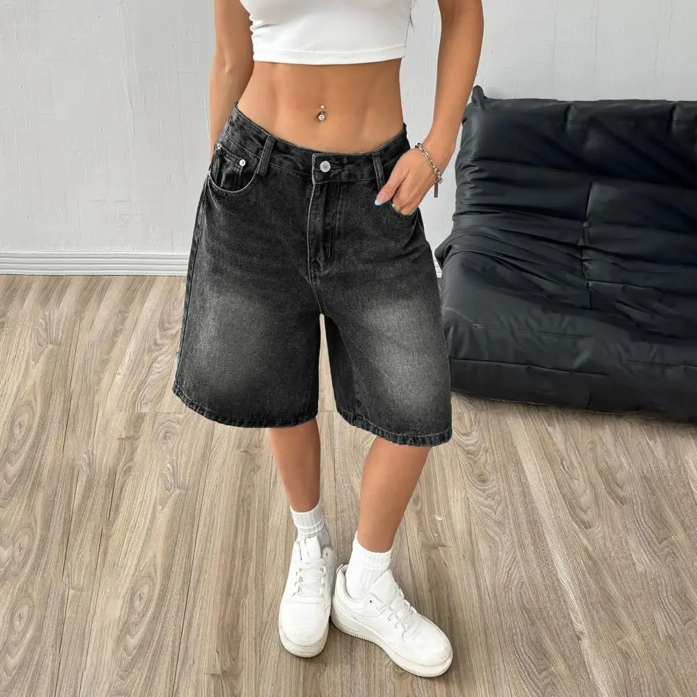 Women's Bermuda Summer Jean Shorts High Waisted Knee Length Baggy Jorts Wide Leg Breathable Loose Denim Shorts with Pockets