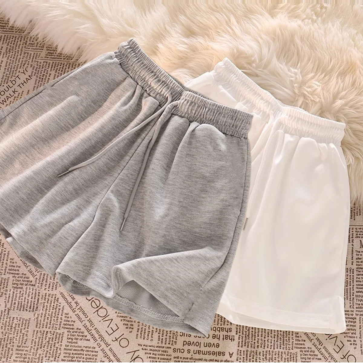 Summer Elastic High Waist Casual Sports Shorts Female Solid Color Loose Beach Hot Short Pants Black/Grey Straight Shorts Pants
