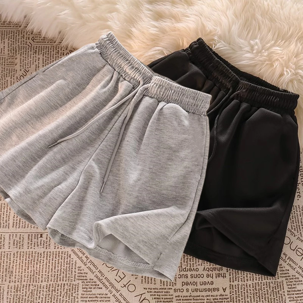 Summer Elastic High Waist Casual Sports Shorts Female Solid Color Loose Beach Hot Short Pants Black/Grey Straight Shorts Pants