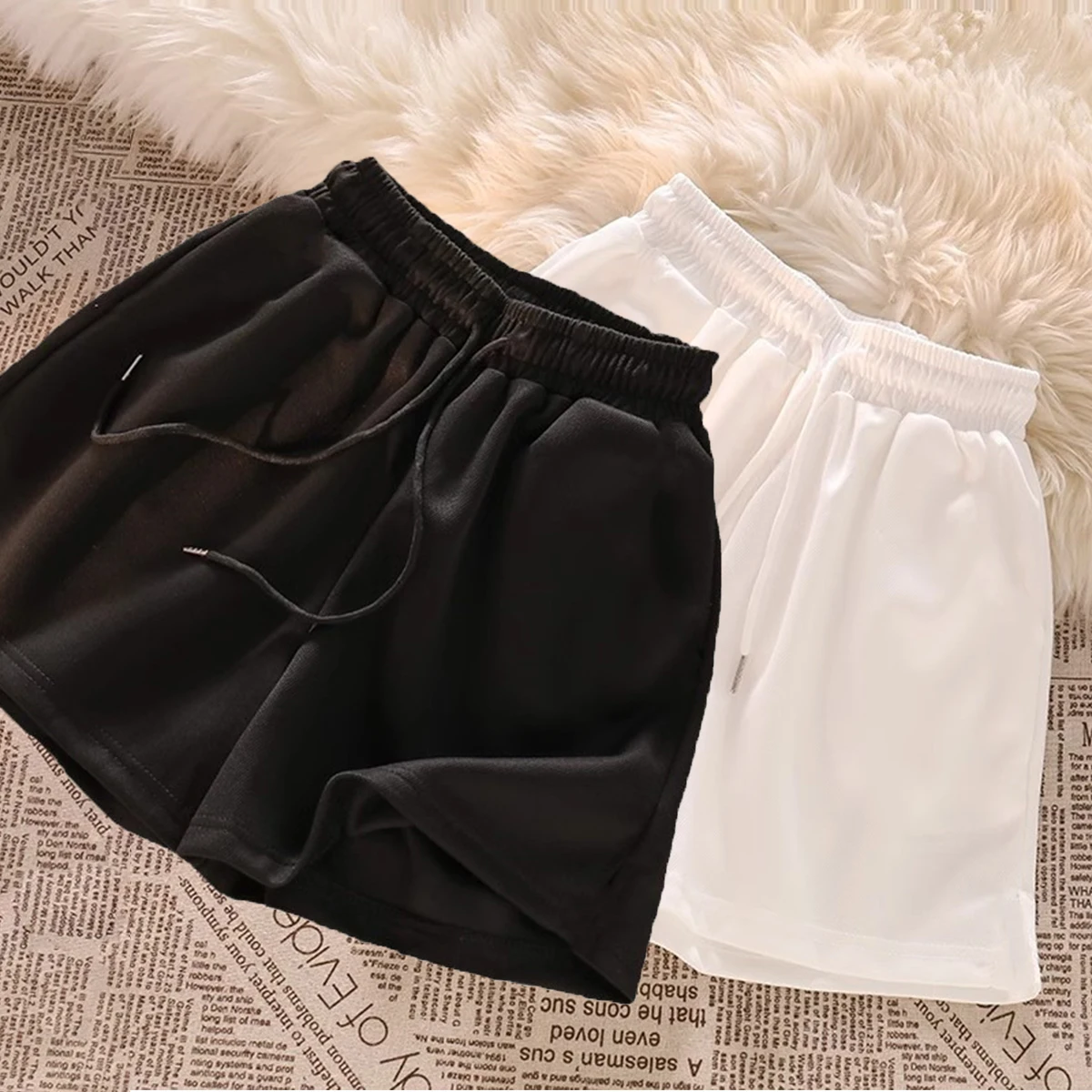 Summer Elastic High Waist Casual Sports Shorts Female Solid Color Loose Beach Hot Short Pants Black/Grey Straight Shorts Pants