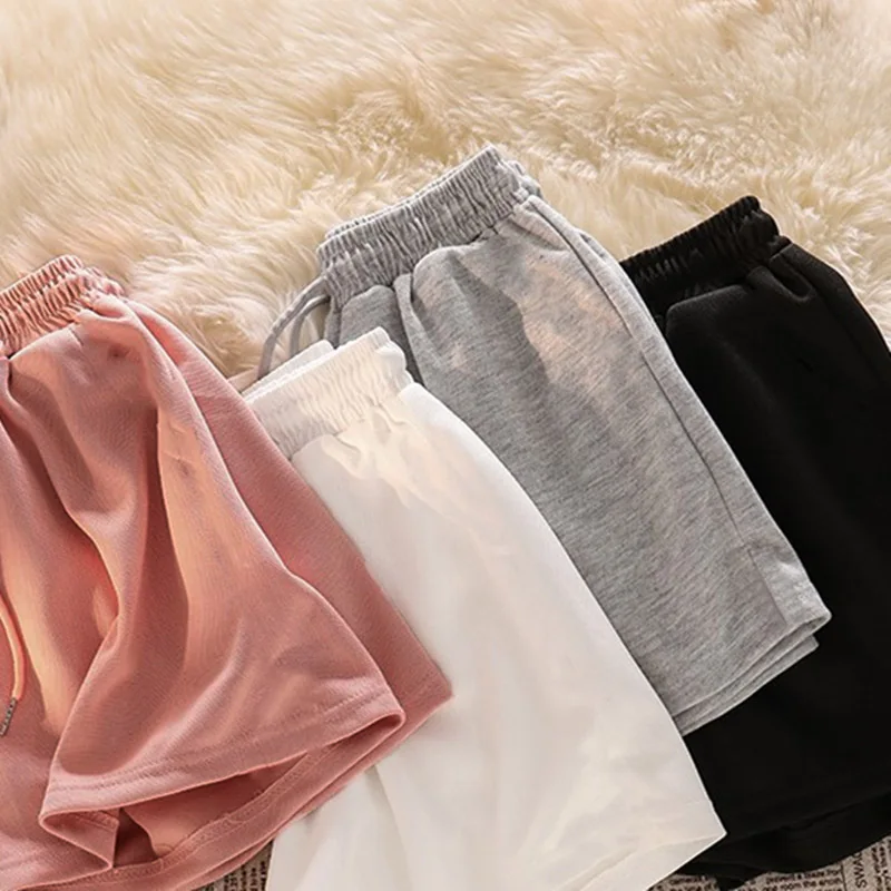Summer Elastic High Waist Casual Sports Shorts Female Solid Color Loose Beach Hot Short Pants Black/Grey Straight Shorts Pants