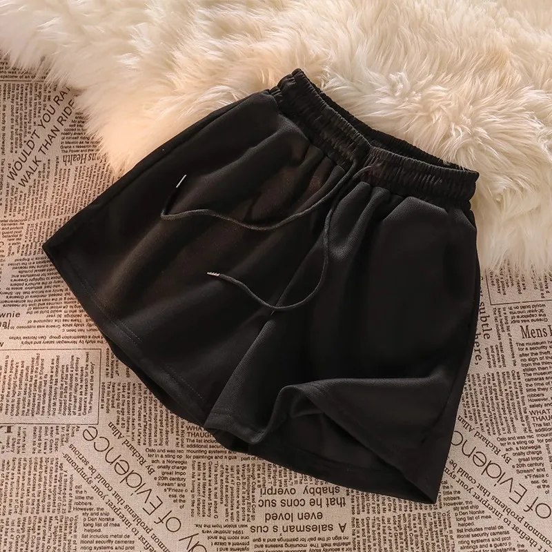 Summer Elastic High Waist Casual Sports Shorts Female Solid Color Loose Beach Hot Short Pants Black/Grey Straight Shorts Pants