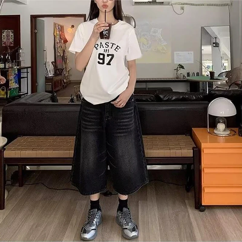 Vintage Y2k Baggy Denim Shorts Wide Leg Pants For Women&Men Fashion High Waisted Wash Knee Length Jeans Shorts Oversize Pants