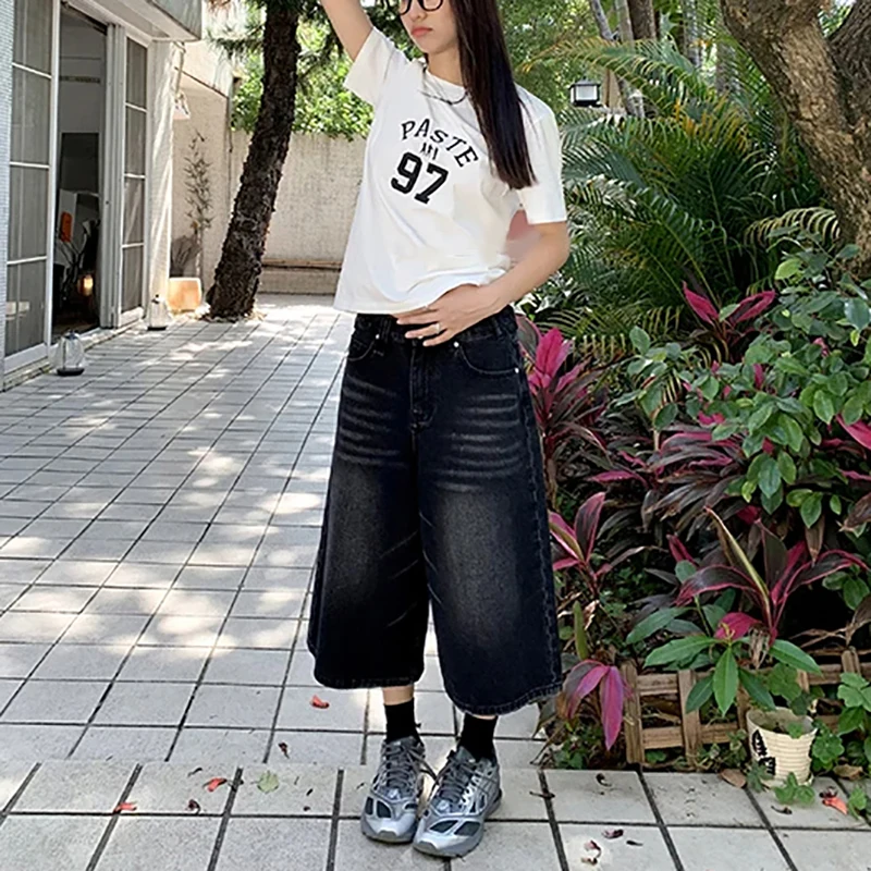 Vintage Y2k Baggy Denim Shorts Wide Leg Pants For Women&Men Fashion High Waisted Wash Knee Length Jeans Shorts Oversize Pants