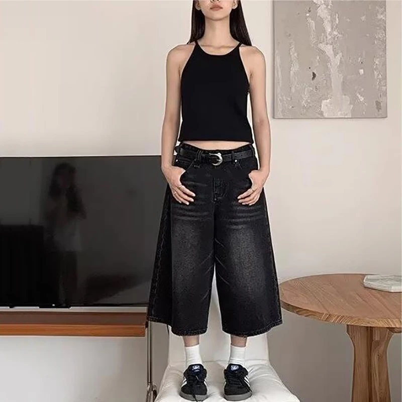 Vintage Y2k Baggy Denim Shorts Wide Leg Pants For Women&Men Fashion High Waisted Wash Knee Length Jeans Shorts Oversize Pants