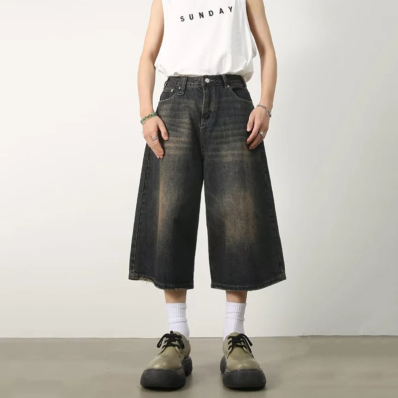 Vintage Y2k Baggy Denim Shorts Wide Leg Pants For Women&Men Fashion High Waisted Wash Knee Length Jeans Shorts Oversize Pants