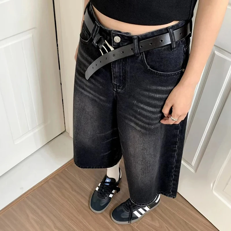 Vintage Y2k Baggy Denim Shorts Wide Leg Pants For Women&Men Fashion High Waisted Wash Knee Length Jeans Shorts Oversize Pants