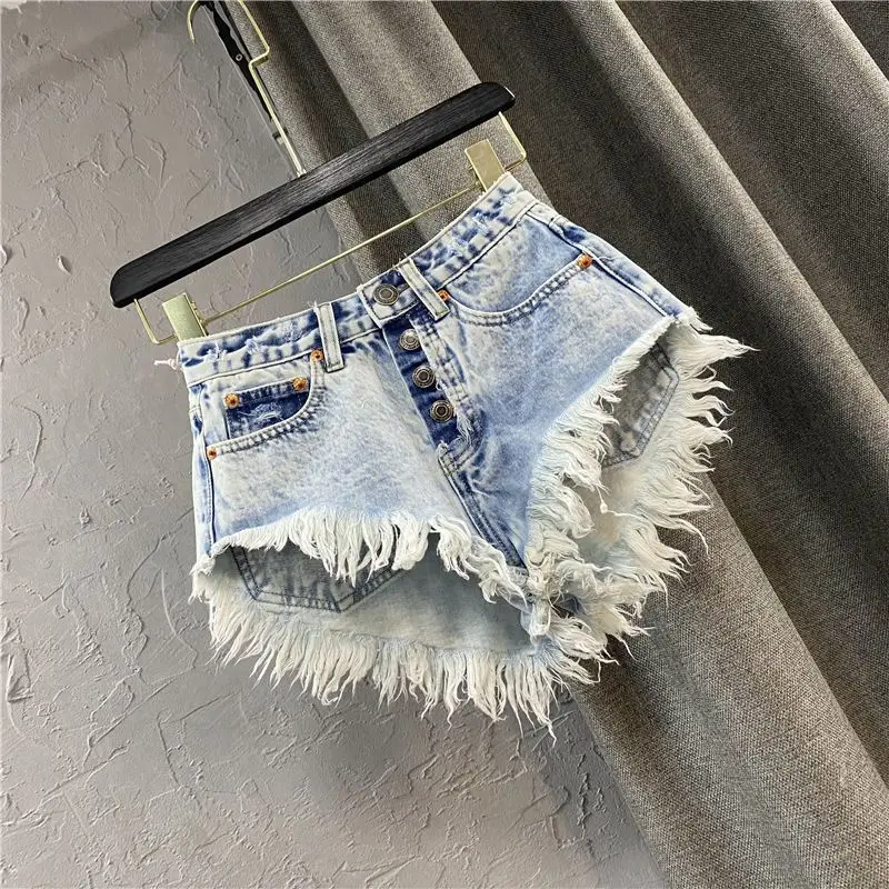 High Waist Single Breasted Women Jeans Short Hot Pants Fringed Wide-Leg Sexy Women'S Denim Shorts Summer Korean Women Clothing