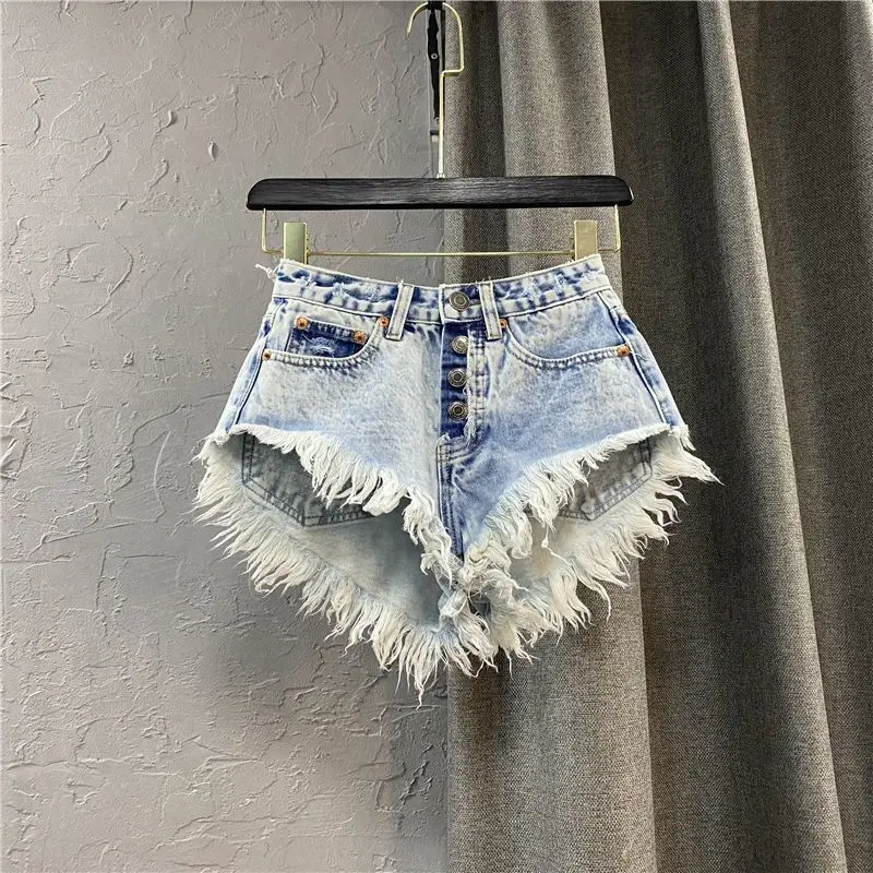 High Waist Single Breasted Women Jeans Short Hot Pants Fringed Wide-Leg Sexy Women'S Denim Shorts Summer Korean Women Clothing