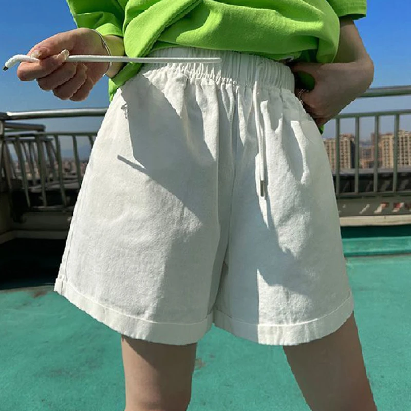 Summer Candy Colors Wide Leg Shorts Women Comfortable Loose Elastic Waist Shorts Woman Korean Chic Pockets Short Pants Female