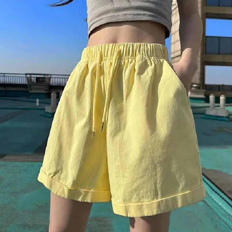 Summer Candy Colors Wide Leg Shorts Women Comfortable Loose Elastic Waist Shorts Woman Korean Chic Pockets Short Pants Female