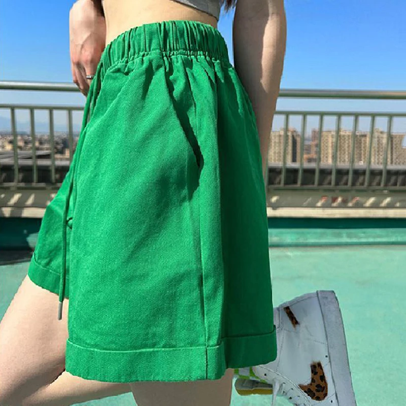 Summer Candy Colors Wide Leg Shorts Women Comfortable Loose Elastic Waist Shorts Woman Korean Chic Pockets Short Pants Female