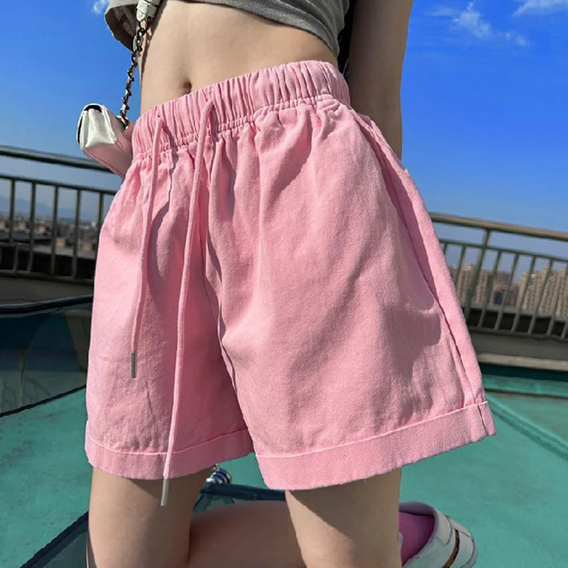 Summer Candy Colors Wide Leg Shorts Women Comfortable Loose Elastic Waist Shorts Woman Korean Chic Pockets Short Pants Female