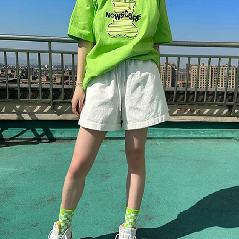 Summer Candy Colors Wide Leg Shorts Women Comfortable Loose Elastic Waist Shorts Woman Korean Chic Pockets Short Pants Female