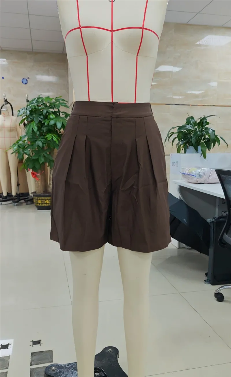 Retro Pleated Knee Length Suit Shorts Ladies High Rise Zipper Fly Side Pocket Loose Fit Daily Streetwear Bermudas