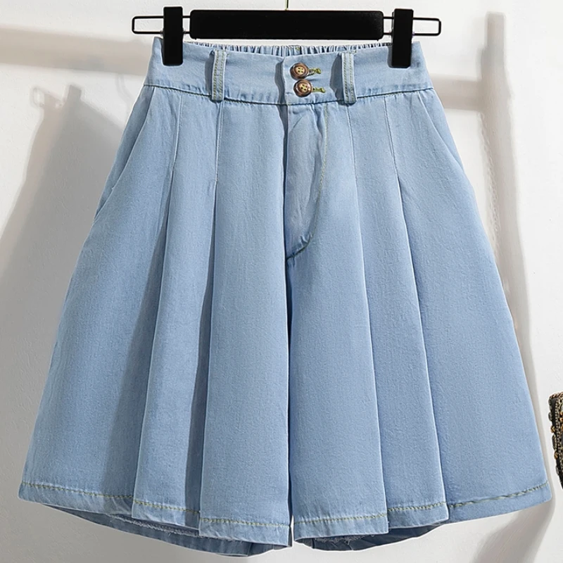 Qiukichonson 5XL Oversize Denim Shorts Women 2023 Spring Summer High Waisted Cute Soft Girl Frilly Wide Leg Loose Jeans Shorts
