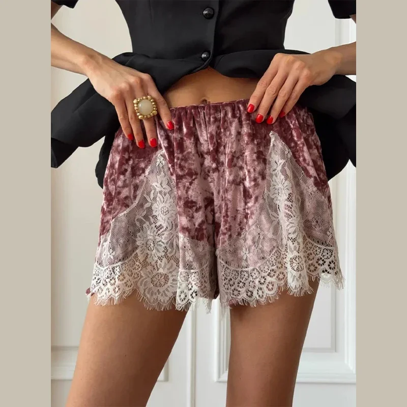 Lace Splicing Velvet Women's Short Pants 2026 Summer New Loose Elastic Waist High-waisted Mini Shorts Female Fashion Streetwear