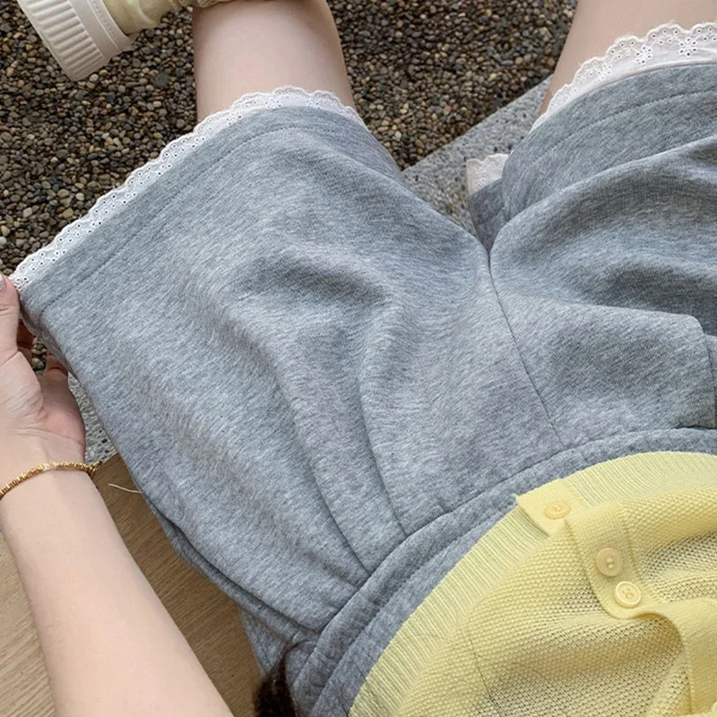 Fashion Lace Patchwork Summer Shorts Women 2025 Chic High Waist Wide Leg Sport Shorts Woman Pocket A Line Short Pants Female