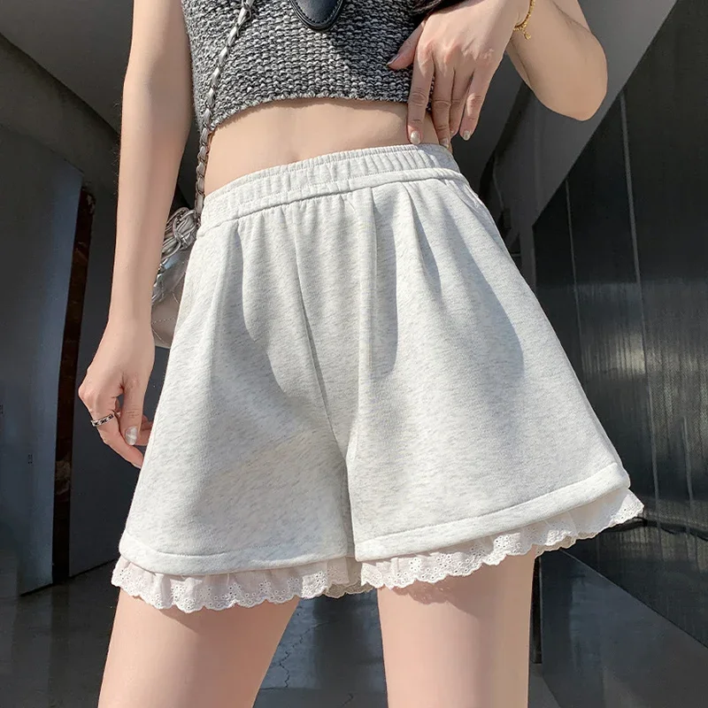 Fashion Lace Patchwork Summer Shorts Women 2025 Chic High Waist Wide Leg Sport Shorts Woman Pocket A Line Short Pants Female
