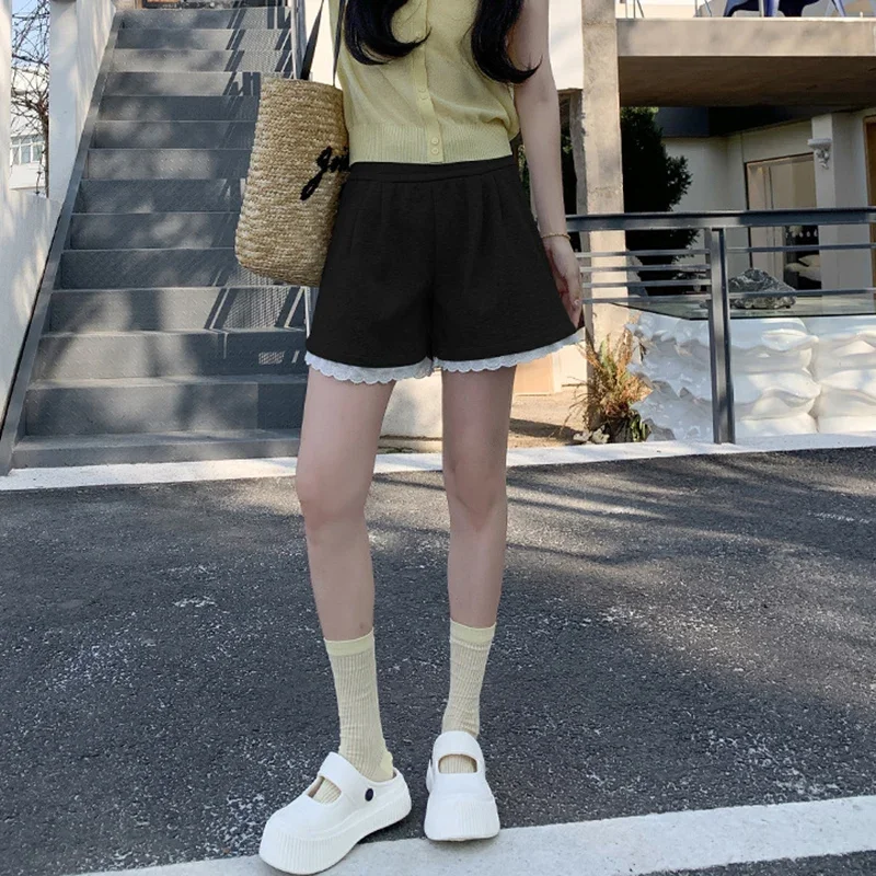Fashion Lace Patchwork Summer Shorts Women 2025 Chic High Waist Wide Leg Sport Shorts Woman Pocket A Line Short Pants Female
