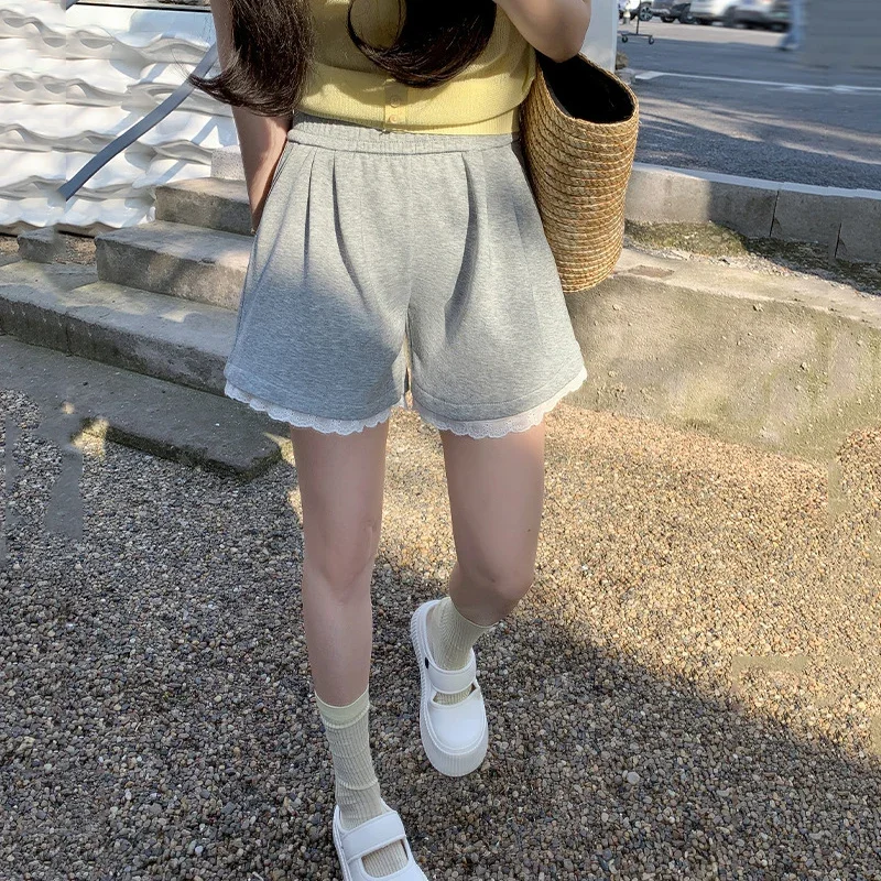 Fashion Lace Patchwork Summer Shorts Women 2025 Chic High Waist Wide Leg Sport Shorts Woman Pocket A Line Short Pants Female