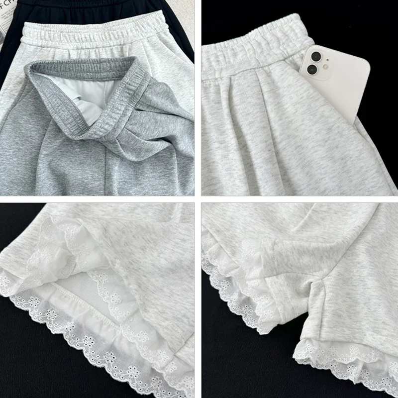 Fashion Lace Patchwork Summer Shorts Women 2025 Chic High Waist Wide Leg Sport Shorts Woman Pocket A Line Short Pants Female
