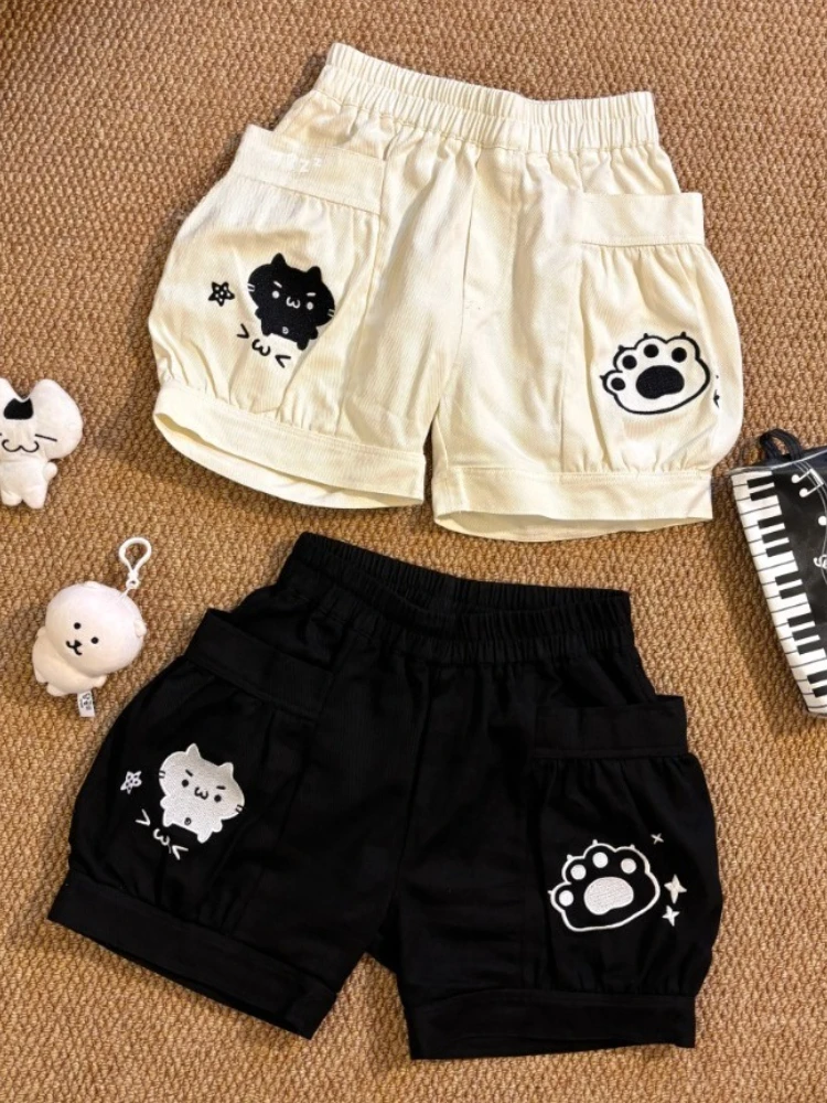 Cute Japanese Shorts for Women Cartoon Embroidery Pockets Black Shorts 2025 New Tottoms Casual Chic Pantalones Cortos De Mujer