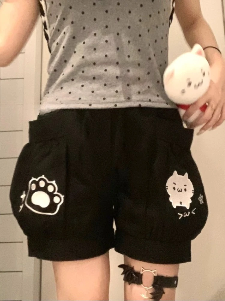 Cute Japanese Shorts for Women Cartoon Embroidery Pockets Black Shorts 2025 New Tottoms Casual Chic Pantalones Cortos De Mujer