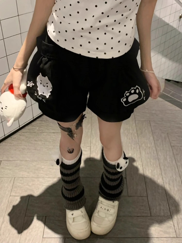 Cute Japanese Shorts for Women Cartoon Embroidery Pockets Black Shorts 2025 New Tottoms Casual Chic Pantalones Cortos De Mujer