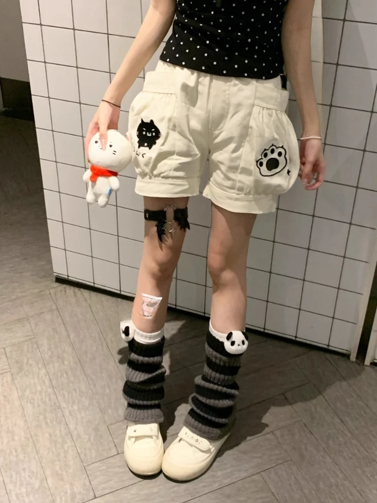 Cute Japanese Shorts for Women Cartoon Embroidery Pockets Black Shorts 2025 New Tottoms Casual Chic Pantalones Cortos De Mujer