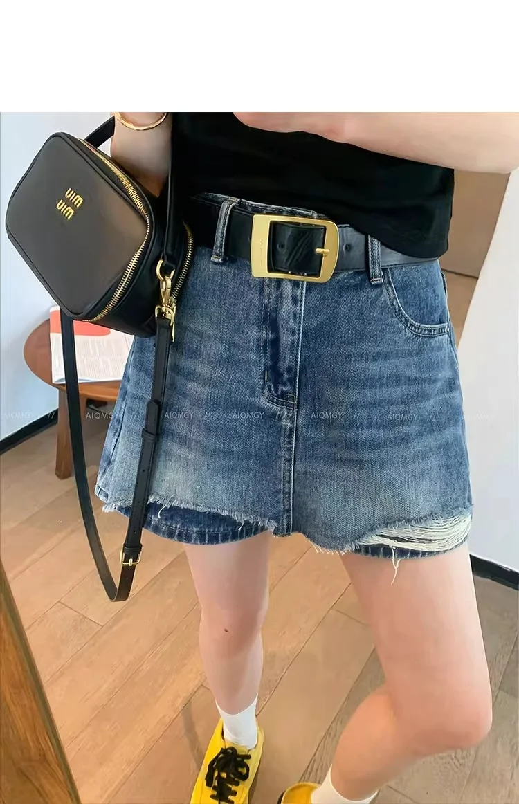 Hairy Edges Ripped Denim Shorts For Women Summer High Waisted Thin A-line Culottes 2025 New Retro Versatile Pocket Pantskirt