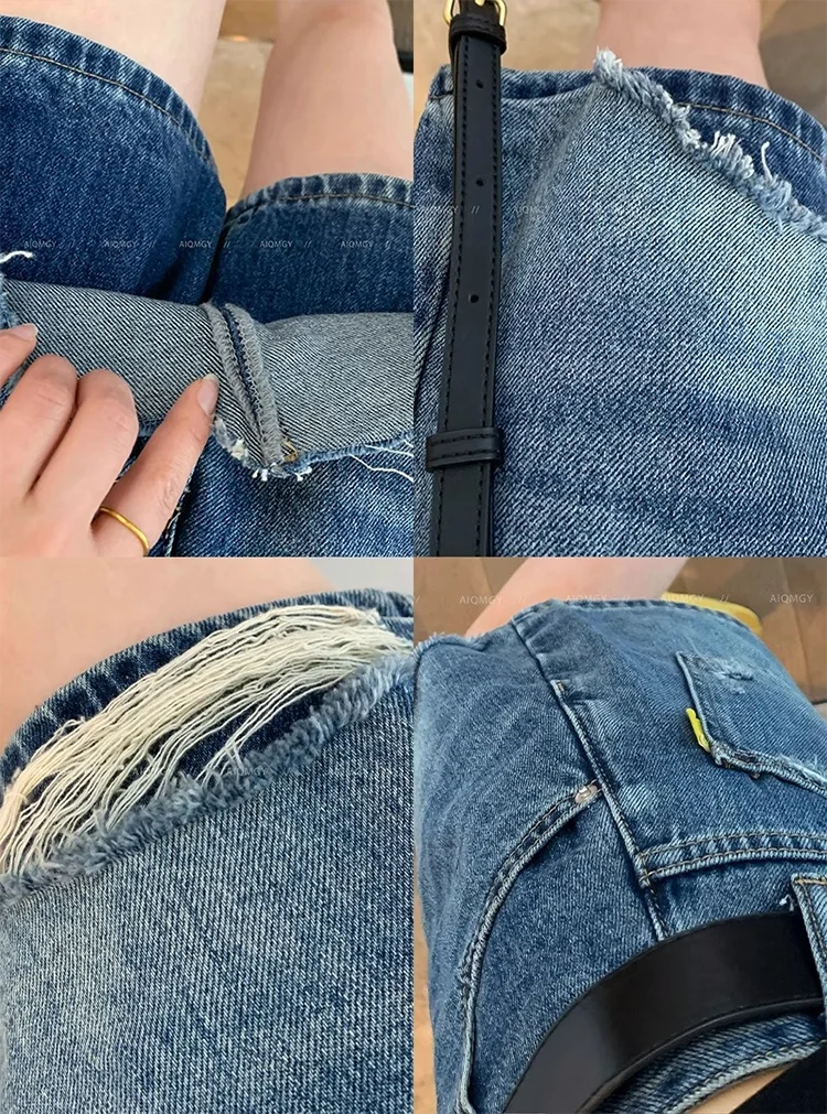 Hairy Edges Ripped Denim Shorts For Women Summer High Waisted Thin A-line Culottes 2025 New Retro Versatile Pocket Pantskirt