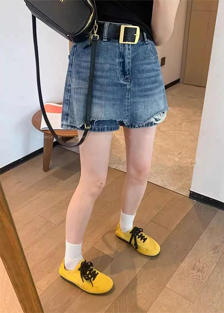 Hairy Edges Ripped Denim Shorts For Women Summer High Waisted Thin A-line Culottes 2025 New Retro Versatile Pocket Pantskirt