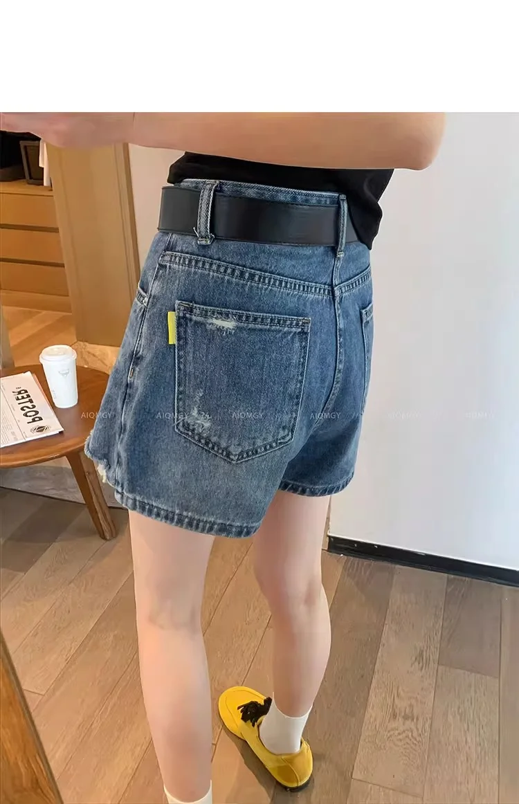 Hairy Edges Ripped Denim Shorts For Women Summer High Waisted Thin A-line Culottes 2025 New Retro Versatile Pocket Pantskirt