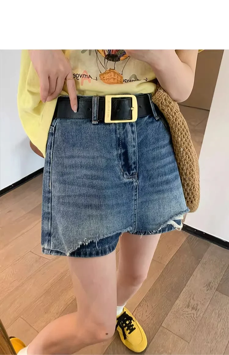 Hairy Edges Ripped Denim Shorts For Women Summer High Waisted Thin A-line Culottes 2025 New Retro Versatile Pocket Pantskirt